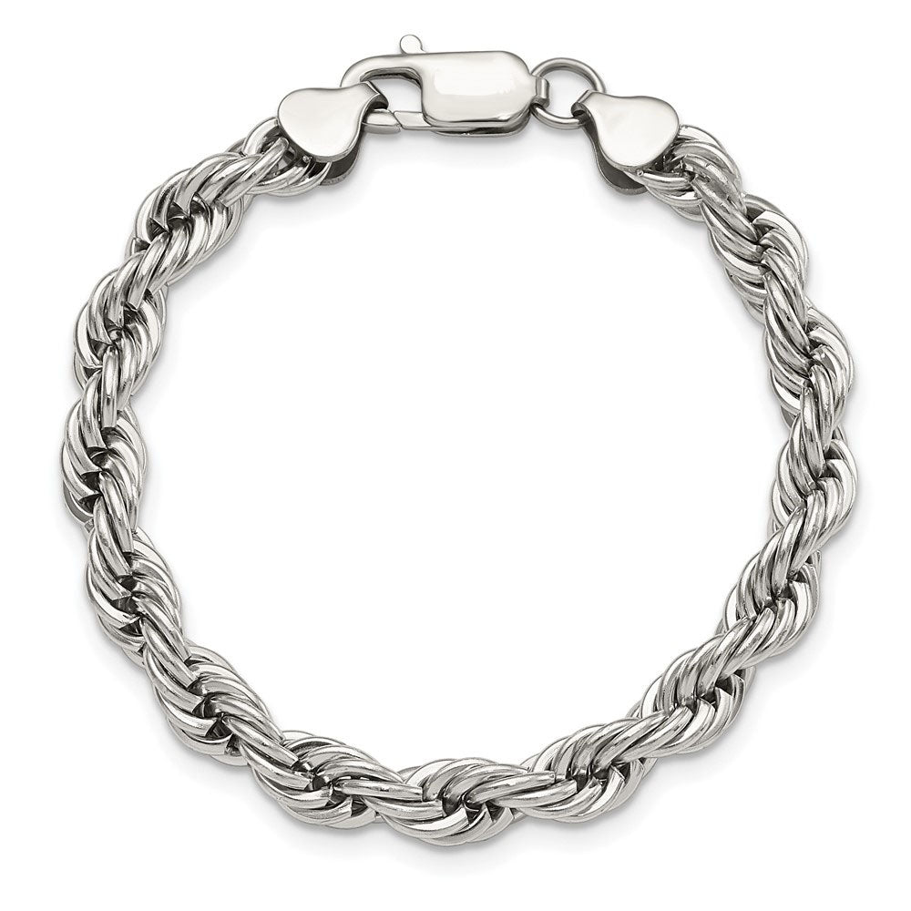 Alternate view of the Men&#39;s 7mm Polished Rope Chain Bracelet in Stainless Steel by The Black Bow Jewelry Co.