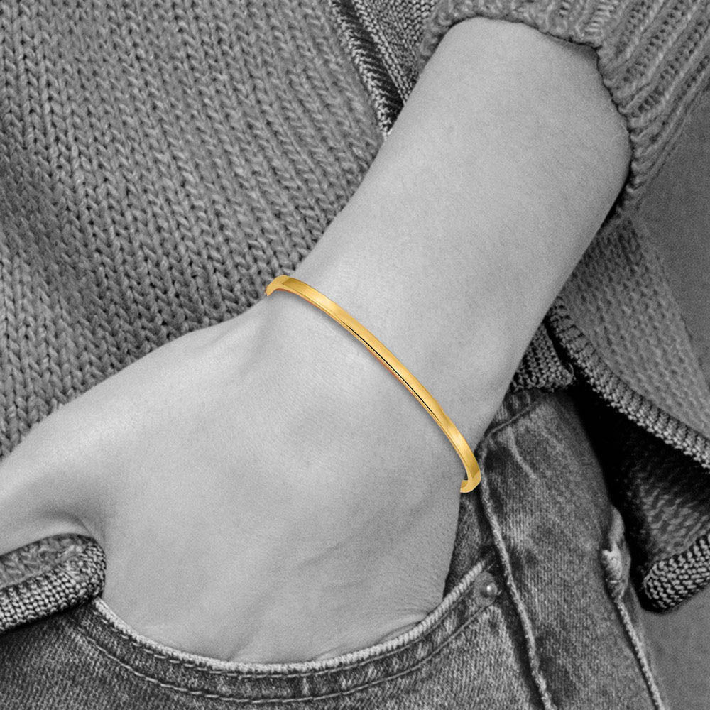 Alternate view of the 3mm 14k Yellow Gold Polished Hollow Square Tube Bangle Bracelet by The Black Bow Jewelry Co.