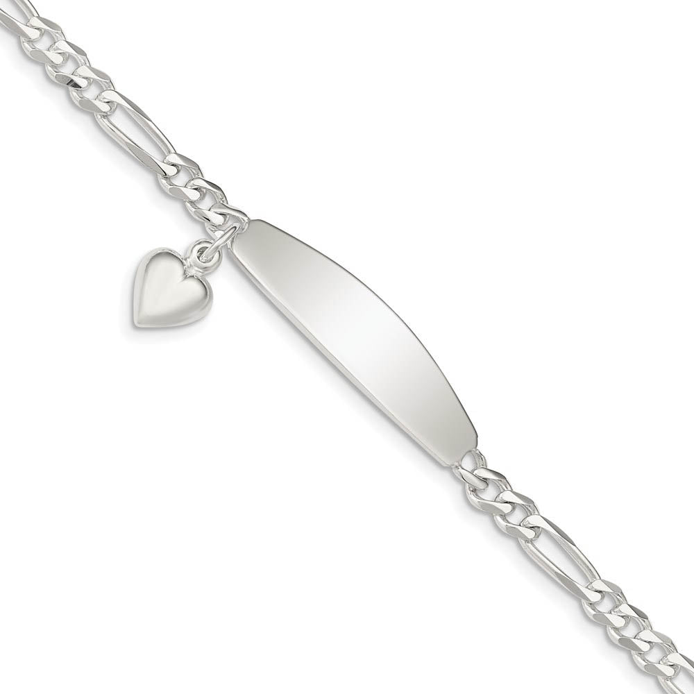 9mm Sterling Silver Heart Charm Figaro Link I.D. Bracelet, 7 Inch, Item B13417 by The Black Bow Jewelry Co.