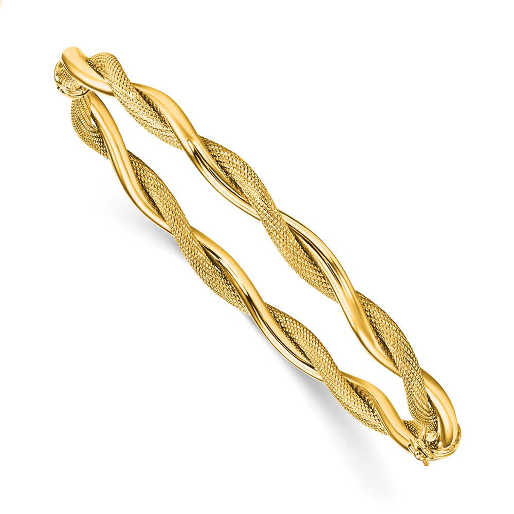 5mm 14k Yellow Gold Polished & Textured Twist Hinged Bangle Bracelet, Item B13505 by The Black Bow Jewelry Co.
