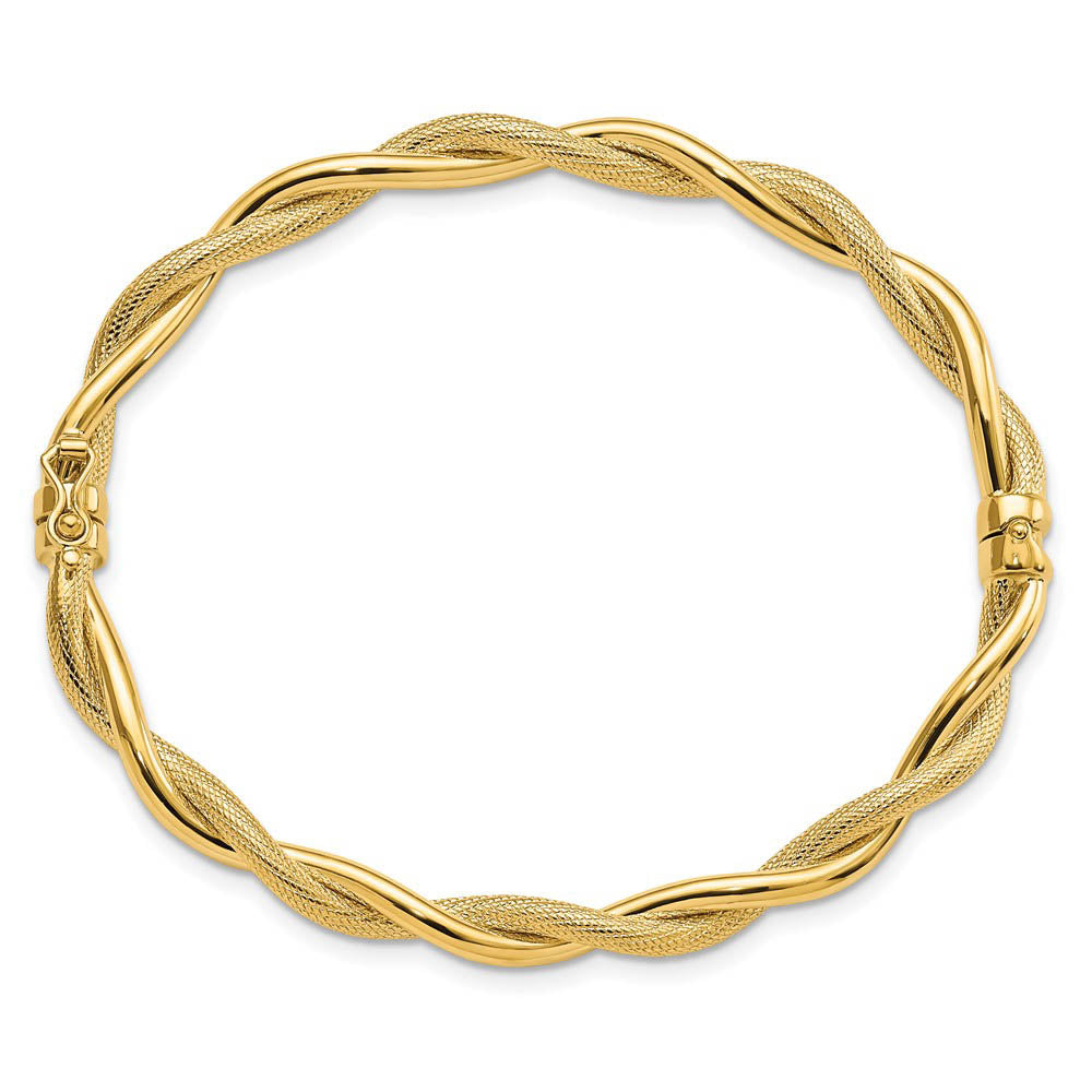 Alternative view of 5mm 14k Yellow Gold Polished & Textured Twist Hinged Bangle Bracelet