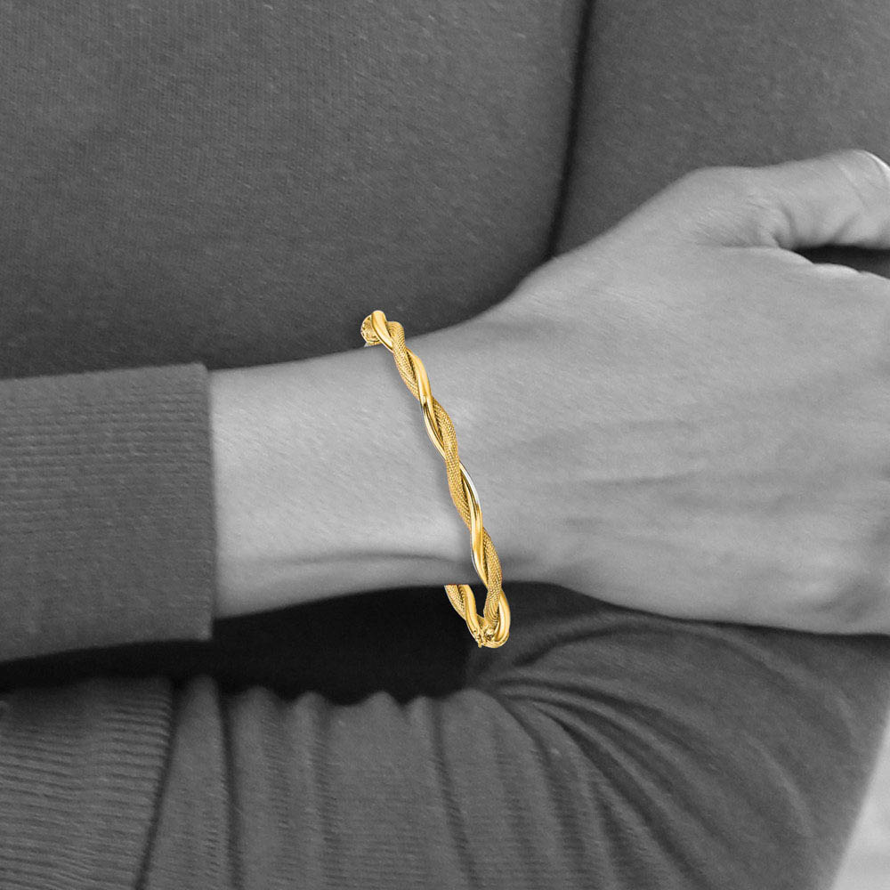 Alternate view of the 5mm 14k Yellow Gold Polished & Textured Twist Hinged Bangle Bracelet by The Black Bow Jewelry Co.