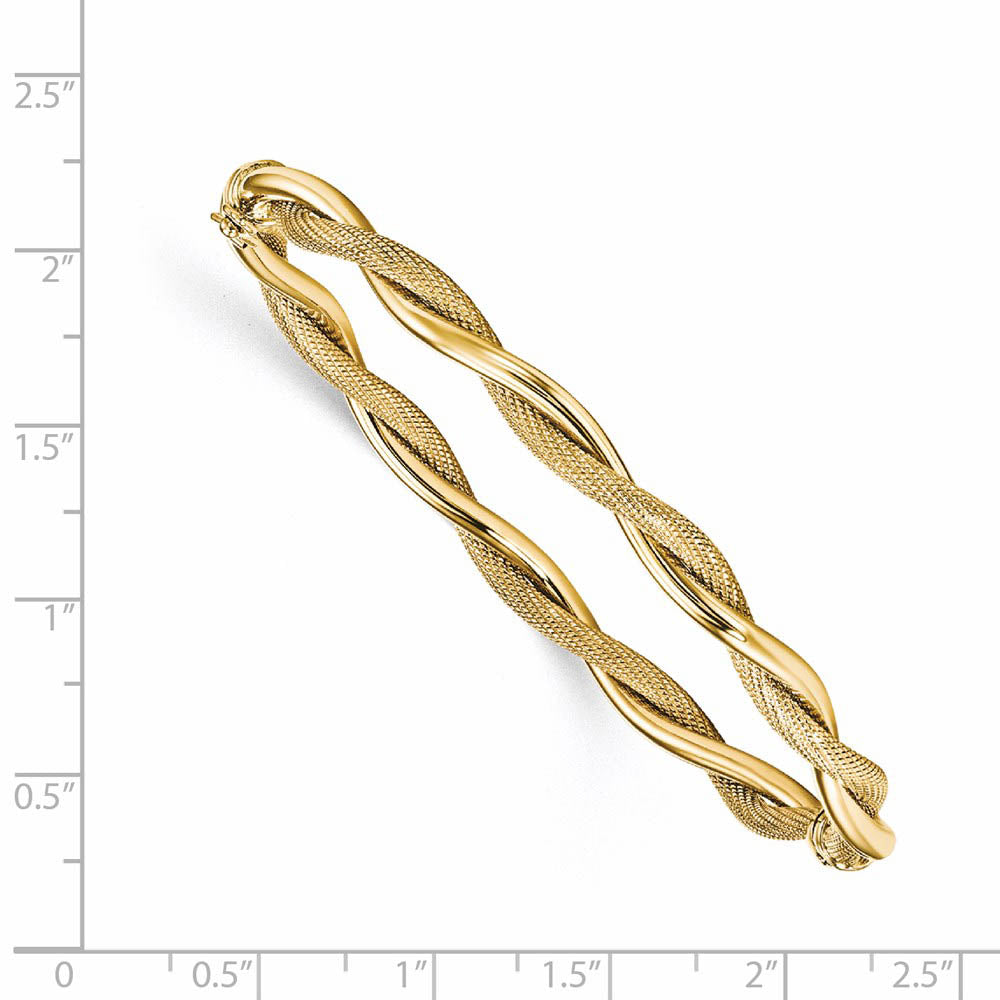 Alternate view of the 5mm 14k Yellow Gold Polished & Textured Twist Hinged Bangle Bracelet by The Black Bow Jewelry Co.