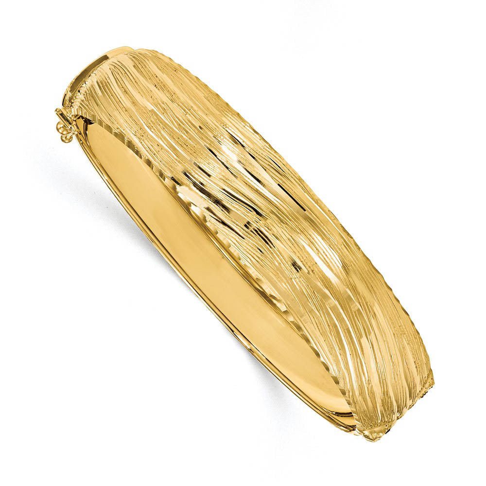 14.25mm 14k Yellow Gold Textured & D/C Hinged Bangle Bracelet, Item B13509 by The Black Bow Jewelry Co.