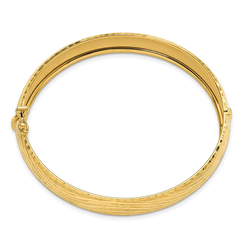 Alternate view of the 14.25mm 14k Yellow Gold Textured & D/C Hinged Bangle Bracelet by The Black Bow Jewelry Co.