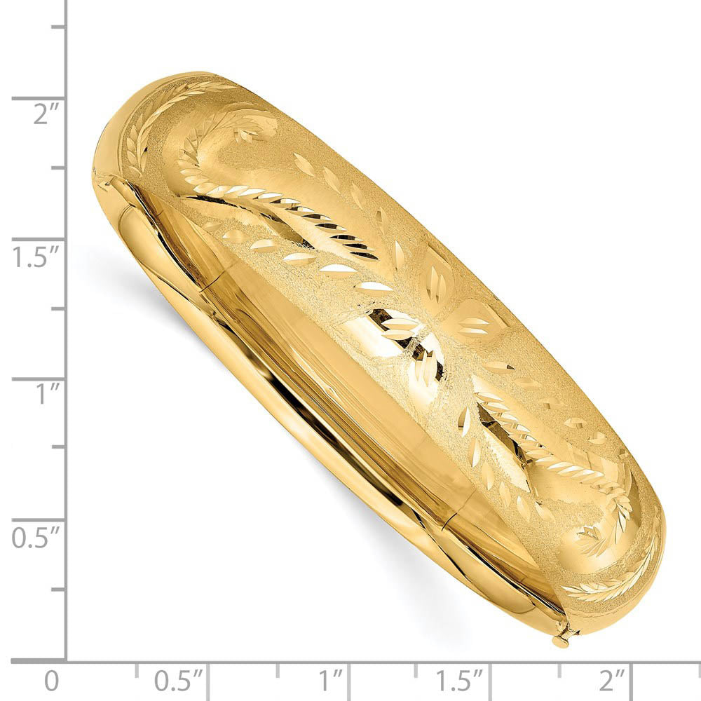 Alternate view of the 14.5mm 14k Yellow Gold Florentine Engraved Hinged Bangle Bracelet, 7in by The Black Bow Jewelry Co.