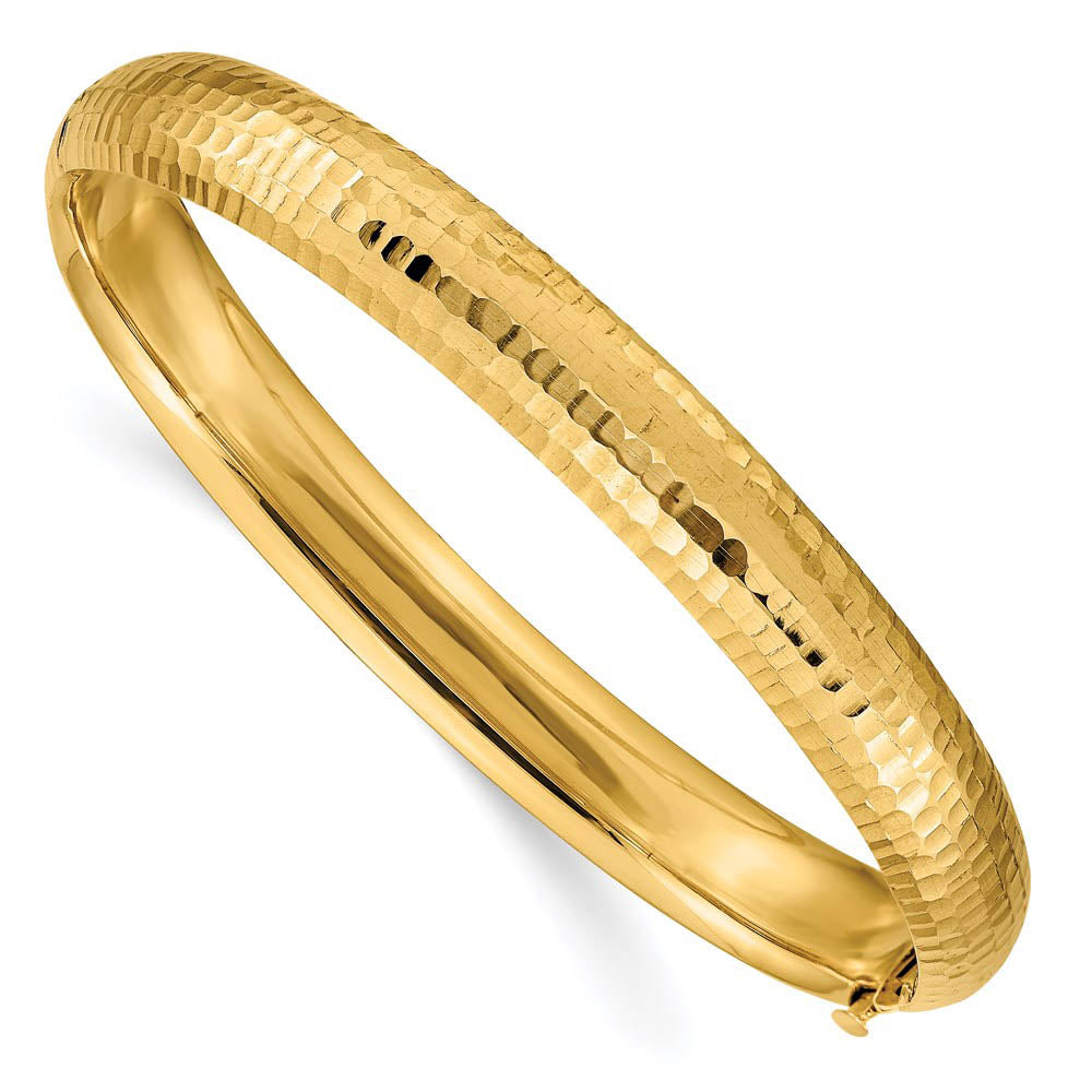 8.75mm 14k Yellow Gold Hammered Domed Hinged Bangle Bracelet, Item B13629 by The Black Bow Jewelry Co.