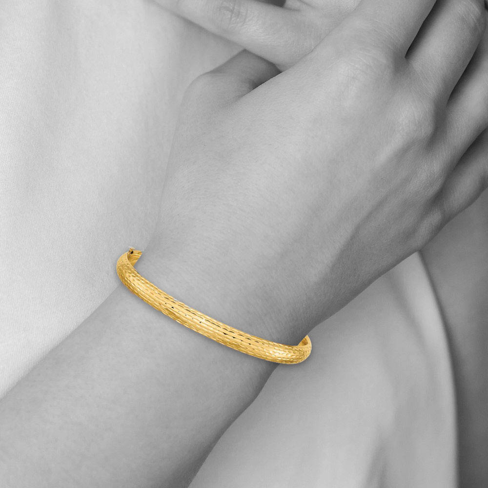 Alternate view of the 6.5mm 14k Yellow Gold Diamond Cut Fancy Hinged Bangle Bracelet by The Black Bow Jewelry Co.