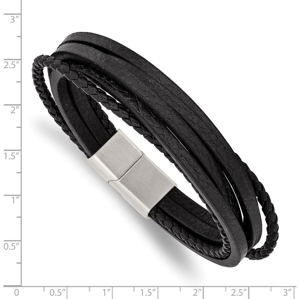 Alternate view of the Stainless Steel &amp; Genuine Black Leather Multi Strand Bracelet, 8 Inch by The Black Bow Jewelry Co.