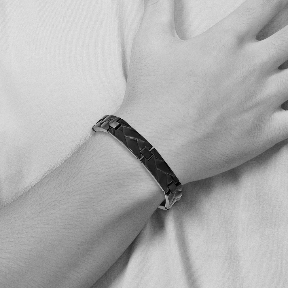 Alternate view of the 12mm Black Plated Stainless Steel Grooved Weave Link Bracelet, 9 Inch by The Black Bow Jewelry Co.