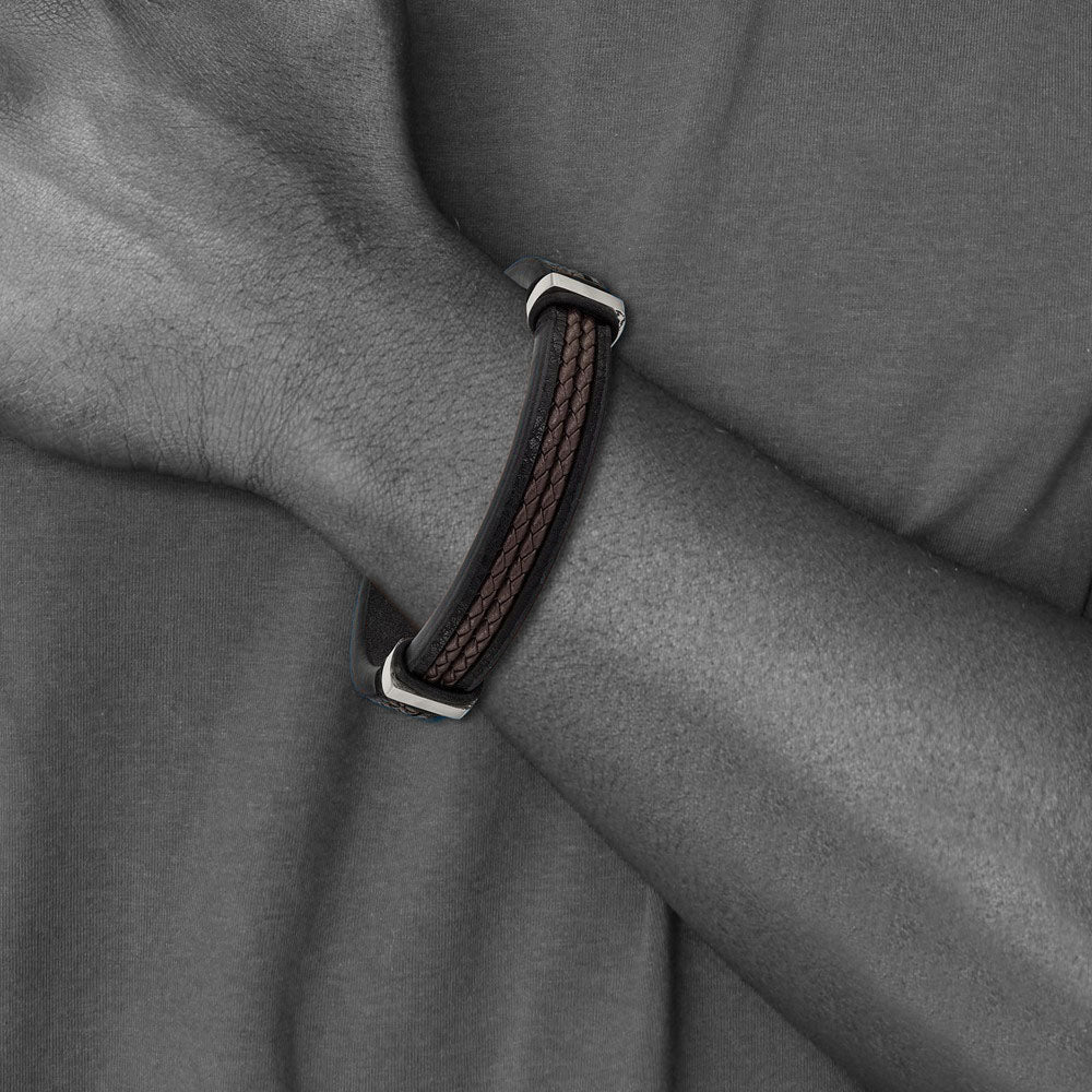 Alternate view of the Stainless Steel, Black/Brown Leather Adjustable Bracelet, 8 Inch by The Black Bow Jewelry Co.