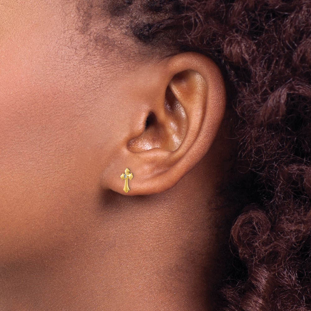 Alternate view of the Children's 14k Yellow Gold & CZ 9mm Fleur de Lis Cross Post Earrings by The Black Bow Jewelry Co.