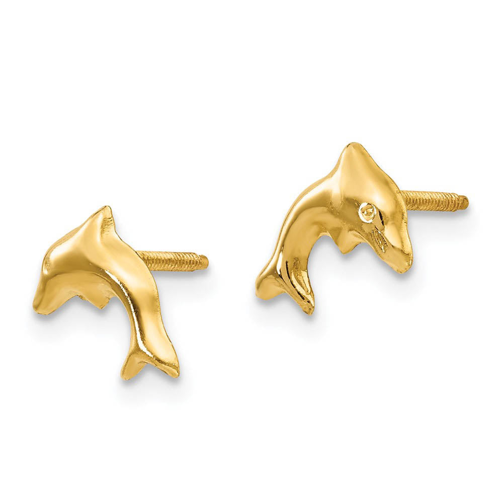 Alternate view of the Kids Small Dolphin Screw Back Post Earrings in 14k Yellow Gold by The Black Bow Jewelry Co.