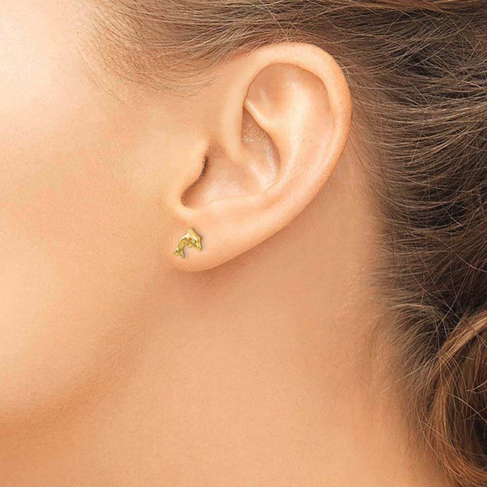 Alternate view of the Kids Small Dolphin Screw Back Post Earrings in 14k Yellow Gold by The Black Bow Jewelry Co.