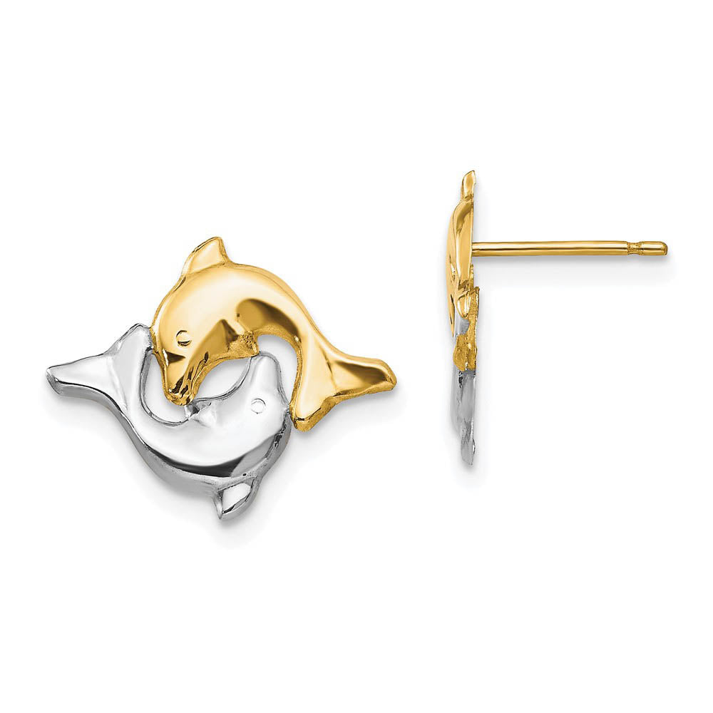 Two-Tone Frolicking Dolphins Post Earrings in 14k Gold and Rhodium, Item E10456 by The Black Bow Jewelry Co.