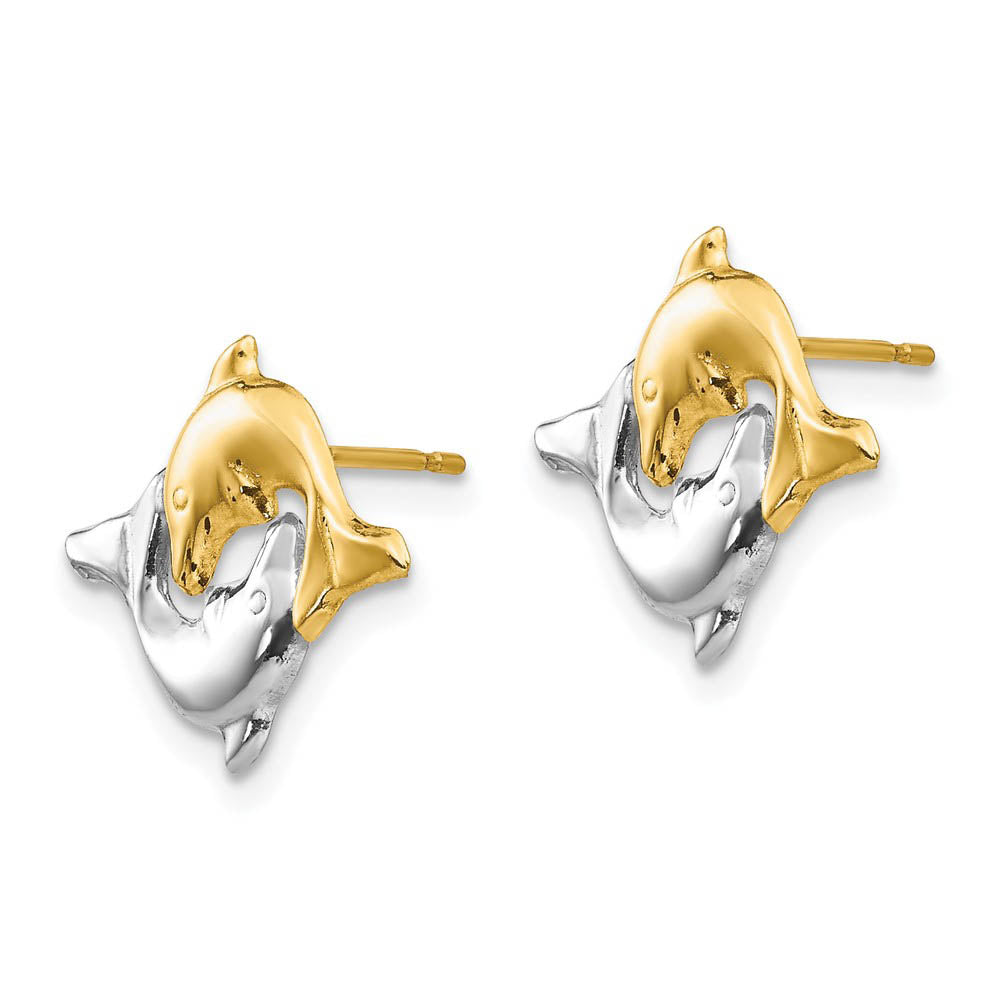 Alternate view of the Two-Tone Frolicking Dolphins Post Earrings in 14k Gold and Rhodium by The Black Bow Jewelry Co.