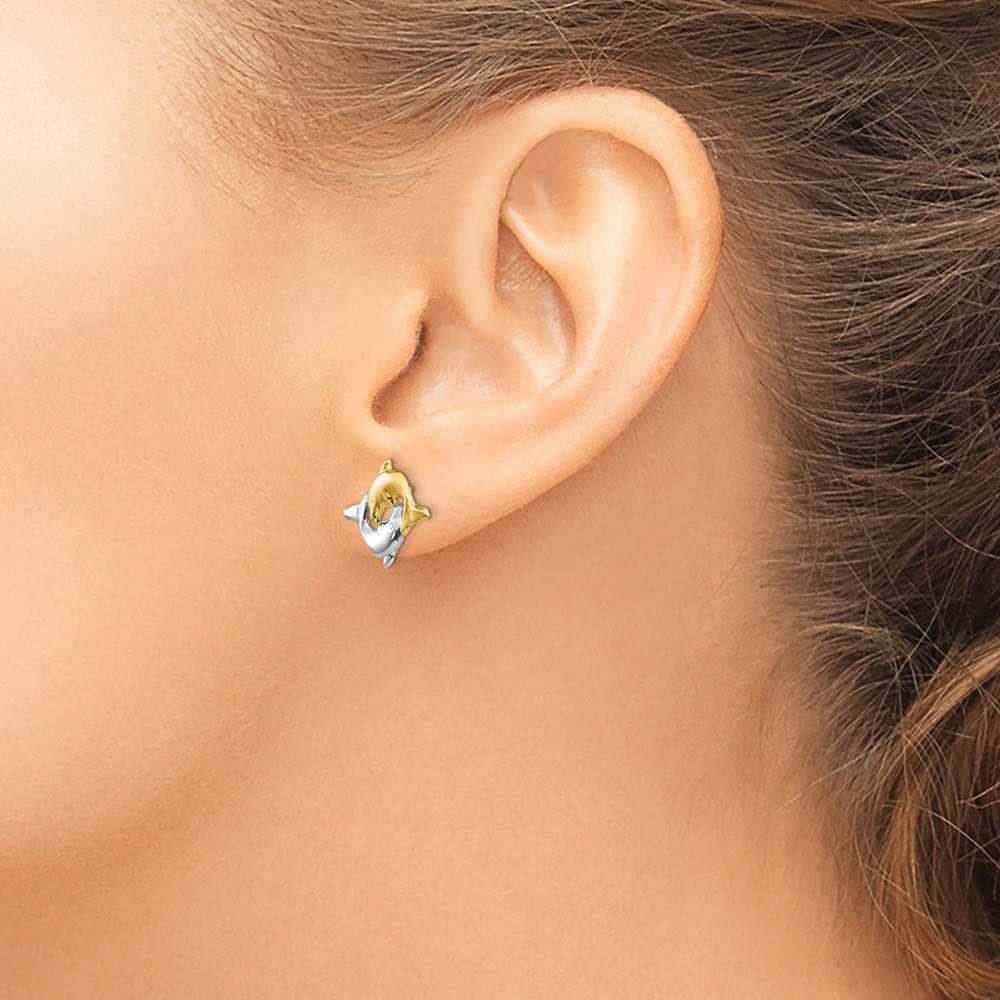 Alternate view of the Two-Tone Frolicking Dolphins Post Earrings in 14k Gold and Rhodium by The Black Bow Jewelry Co.