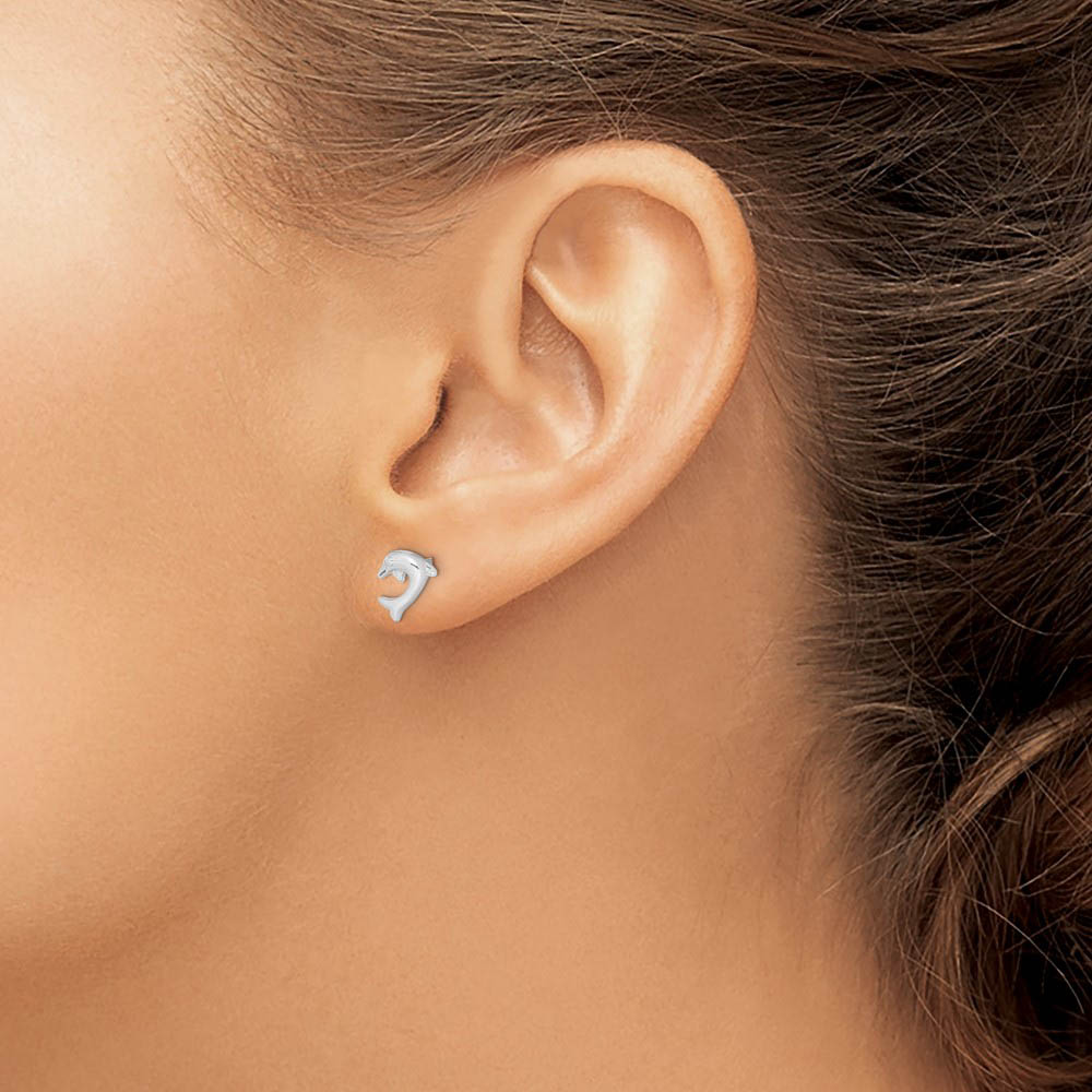 Alternate view of the 8mm Polished Dolphin Post Earrings in Sterling Silver by The Black Bow Jewelry Co.