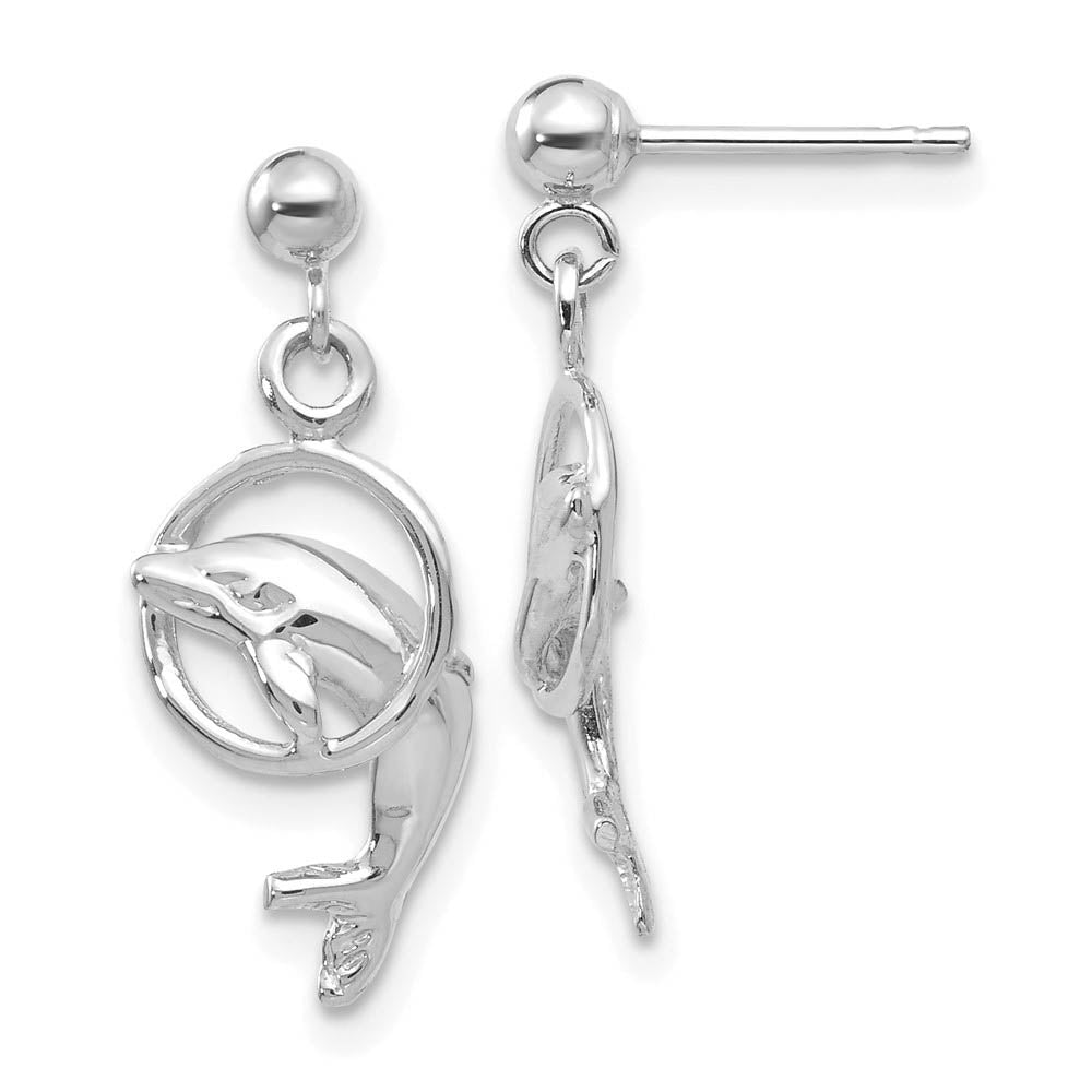 Dolphin & Hoop Dangle Post Earrings in 14k White Gold, Item E10910 by The Black Bow Jewelry Co.