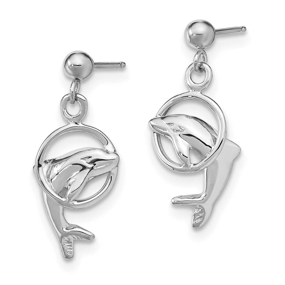 Alternate view of the Dolphin & Hoop Dangle Post Earrings in 14k White Gold by The Black Bow Jewelry Co.