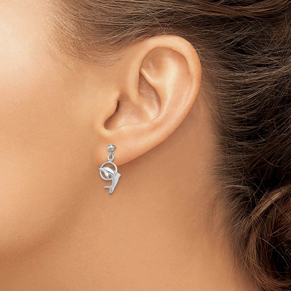 Alternate view of the Dolphin & Hoop Dangle Post Earrings in 14k White Gold by The Black Bow Jewelry Co.