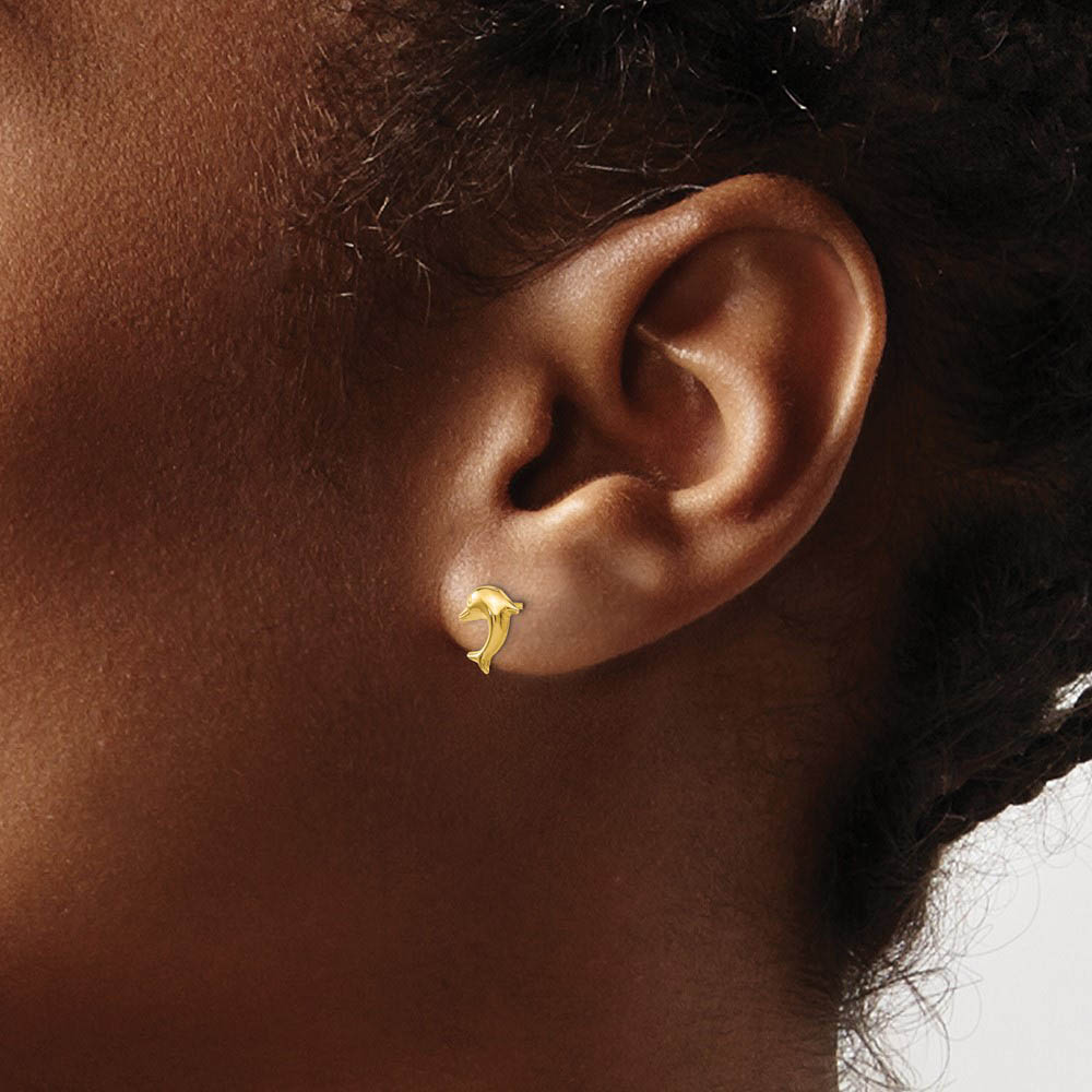 Alternate view of the 8mm Polished 3D Dolphin Post Earrings in 14k Yellow Gold by The Black Bow Jewelry Co.