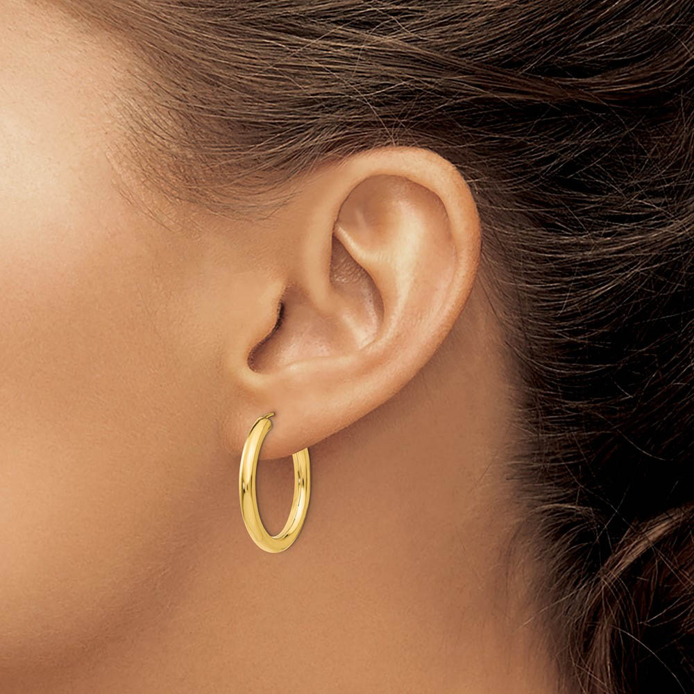 Alternate view of the 3mm x 25mm 14k Yellow Gold Polished Endless Tube Hoop Earrings by The Black Bow Jewelry Co.