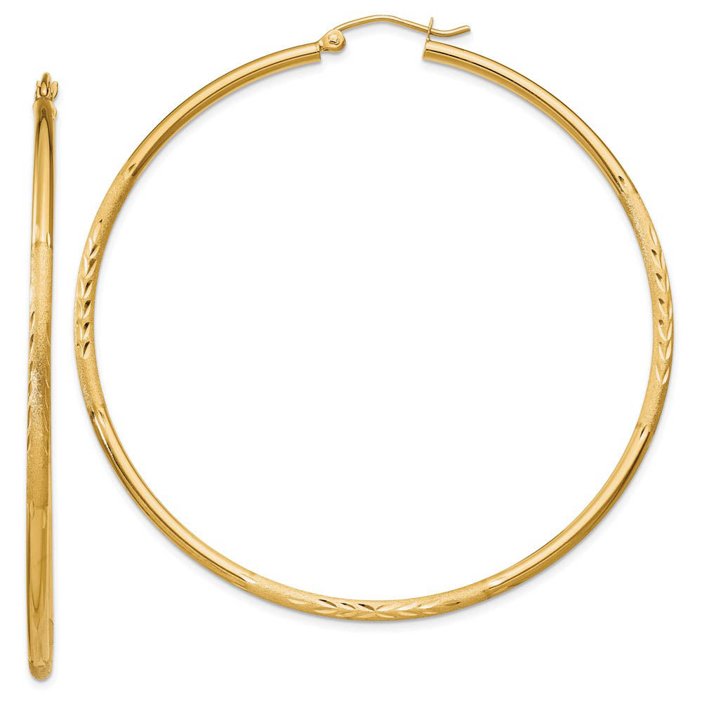 2mm x 60mm 14k Yellow Gold Satin & Diamond-Cut Round Hoop Earrings, Item E13355 by The Black Bow Jewelry Co.