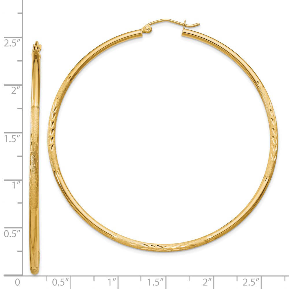 Alternate view of the 2mm x 60mm 14k Yellow Gold Satin & Diamond-Cut Round Hoop Earrings by The Black Bow Jewelry Co.