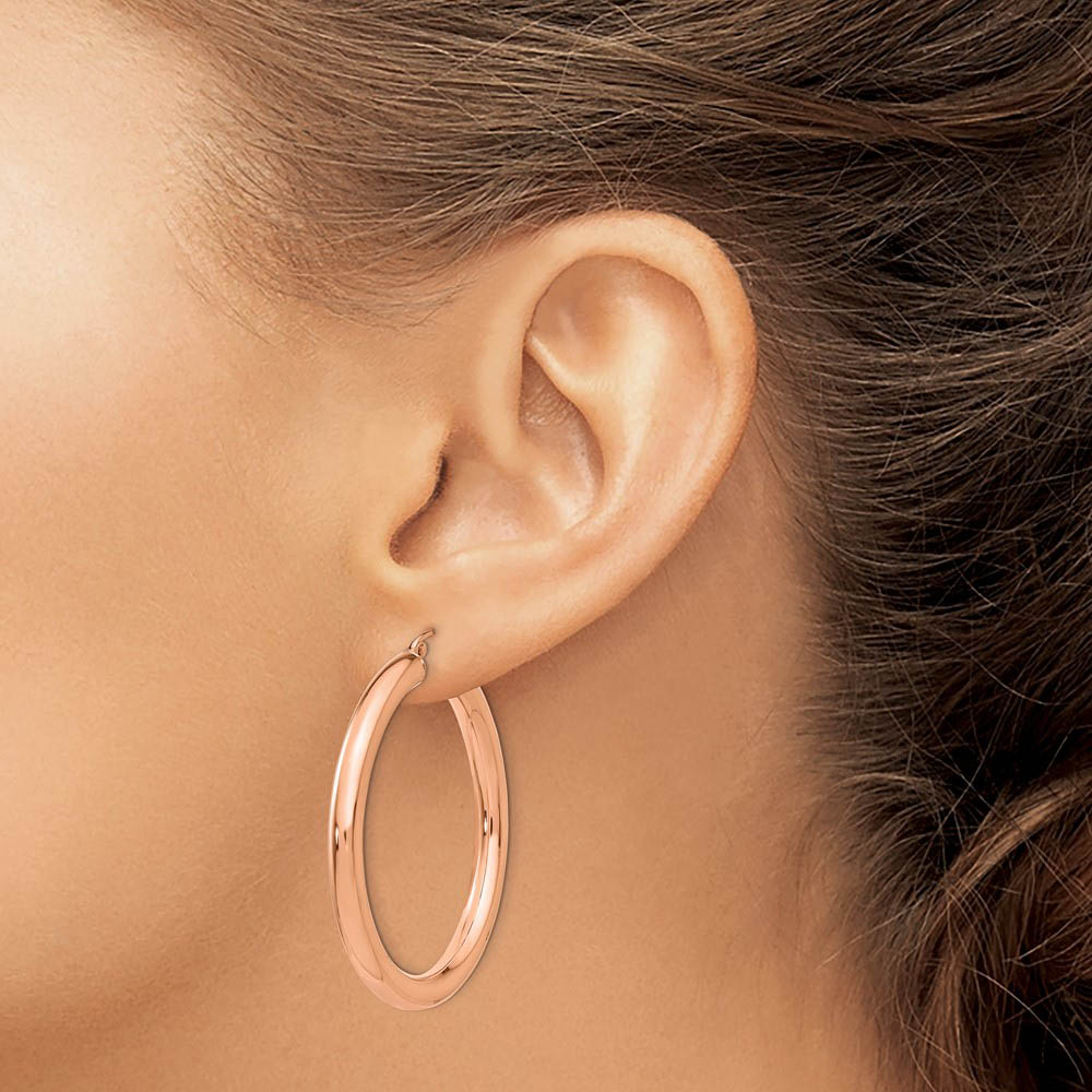 Alternate view of the 4mm x 40mm Polished 14k Rose Gold Large Round Tube Hoop Earrings by The Black Bow Jewelry Co.