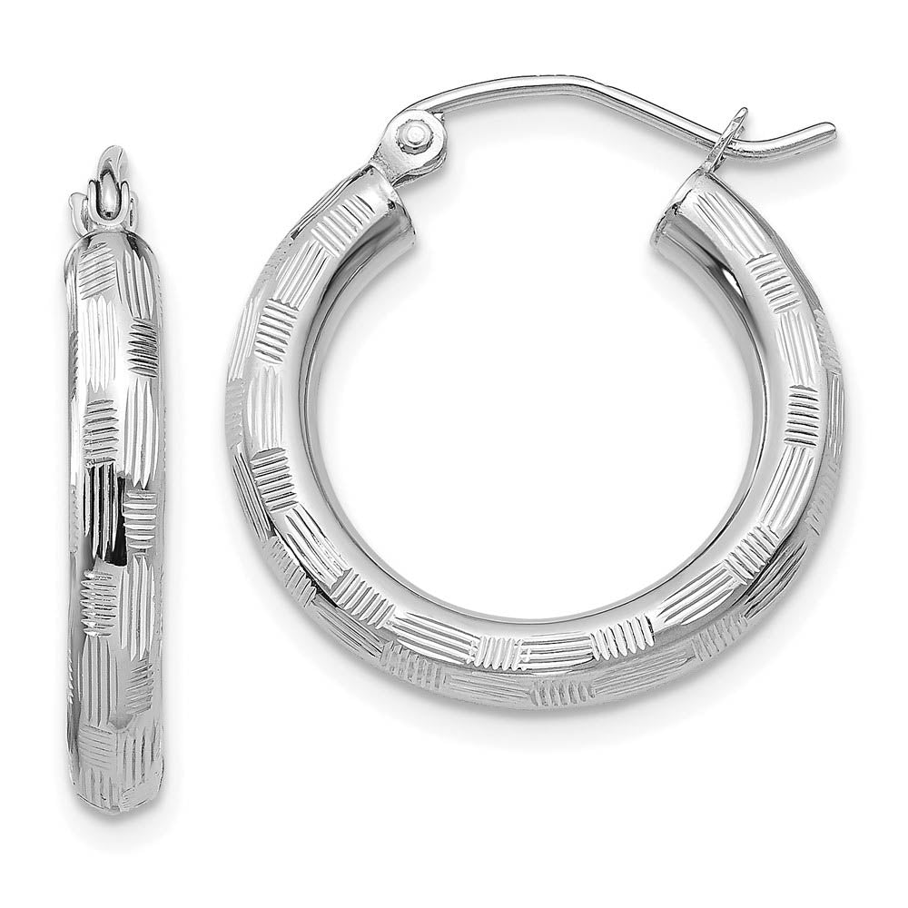 3mm x 25mm 14k White Gold Textured Round Hoop Earrings, Item E13407 by The Black Bow Jewelry Co.