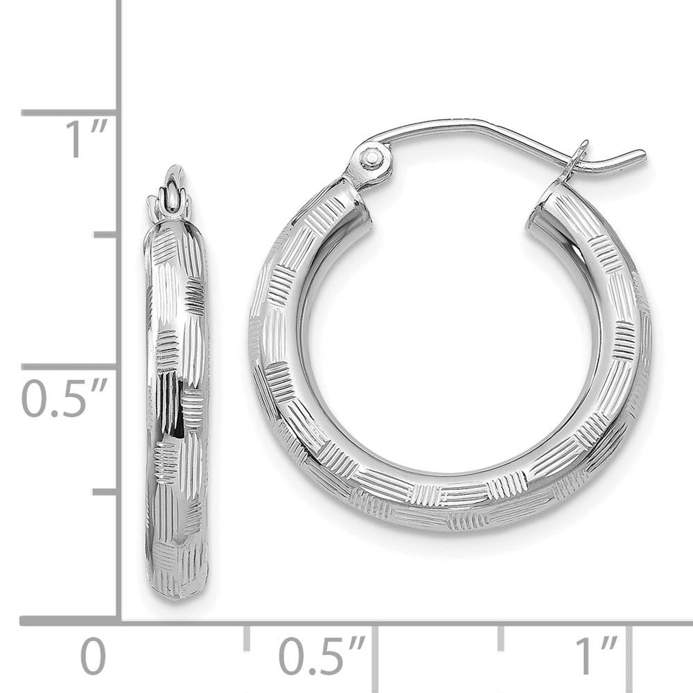 Alternate view of the 3mm x 25mm 14k White Gold Textured Round Hoop Earrings by The Black Bow Jewelry Co.