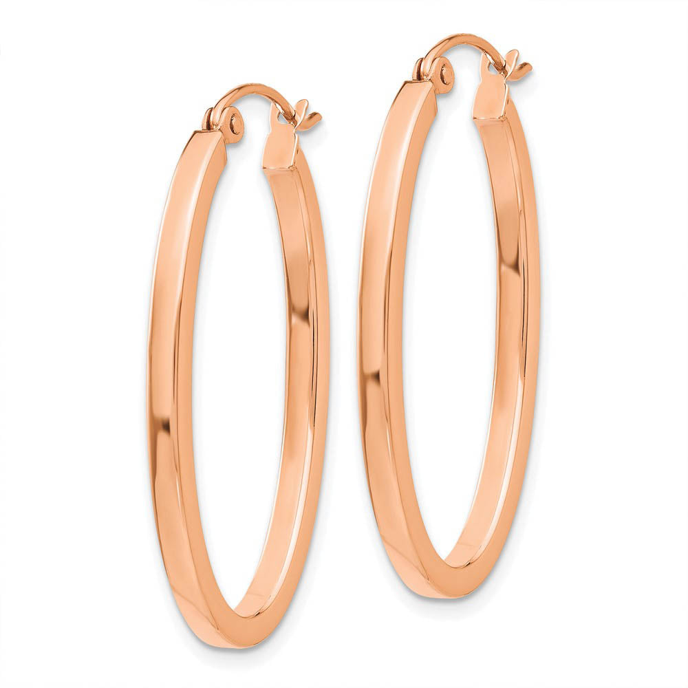 Alternate view of the 2mm x 29mm 14k Rose Gold Square Tube Oval Hoop Earrings by The Black Bow Jewelry Co.