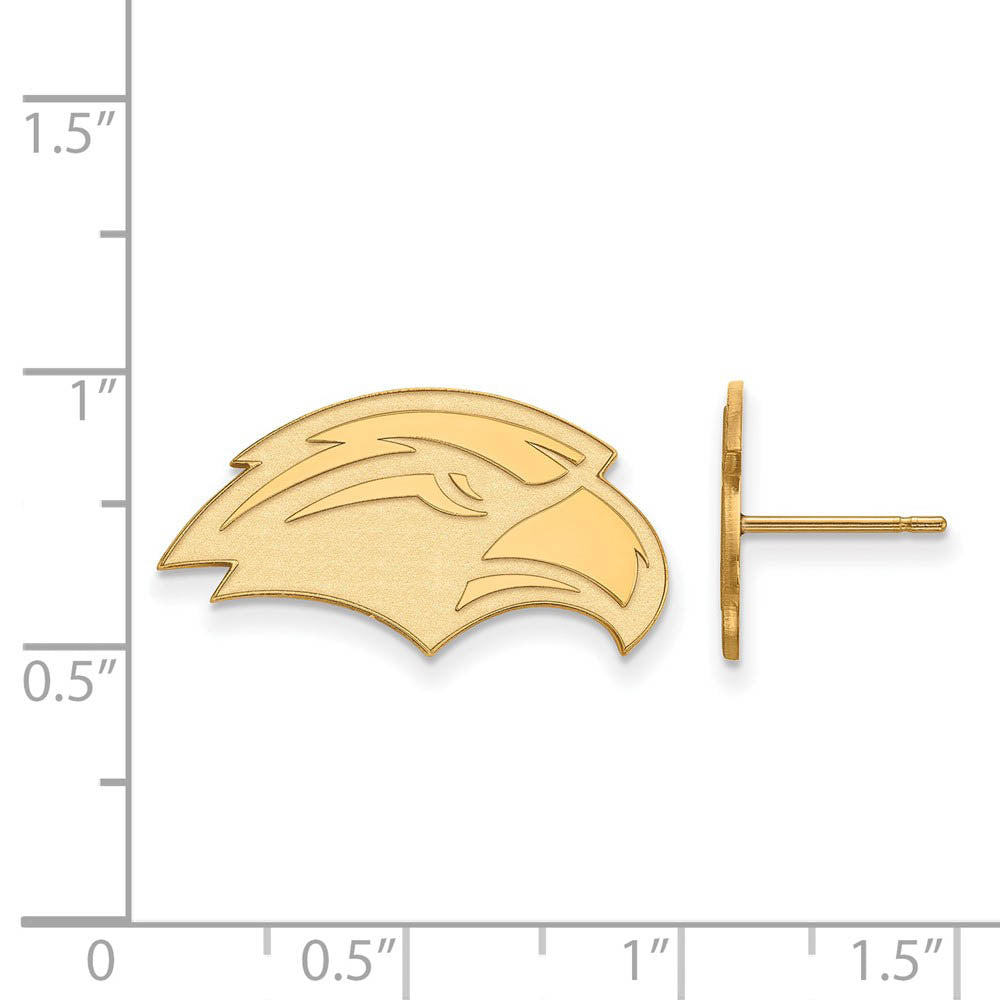 Alternate view of the 14k Yellow Gold University of Southern Miss Small Post Earrings by The Black Bow Jewelry Co.