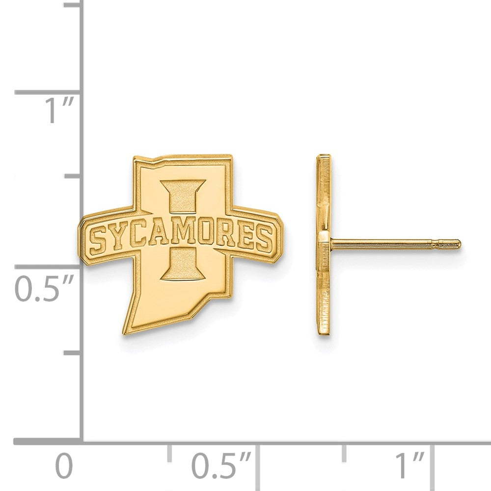 Alternate view of the 14k Gold Plated Silver Indiana State University Post Earrings by The Black Bow Jewelry Co.