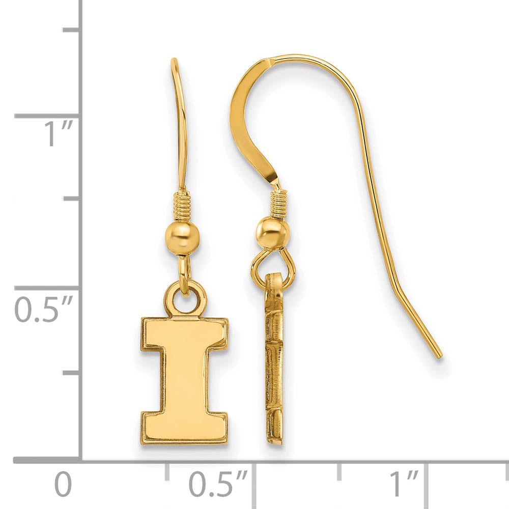 Alternate view of the 14k Gold Plated Silver Univ. of Illinois XS (Tiny) Dangle Earrings by The Black Bow Jewelry Co.