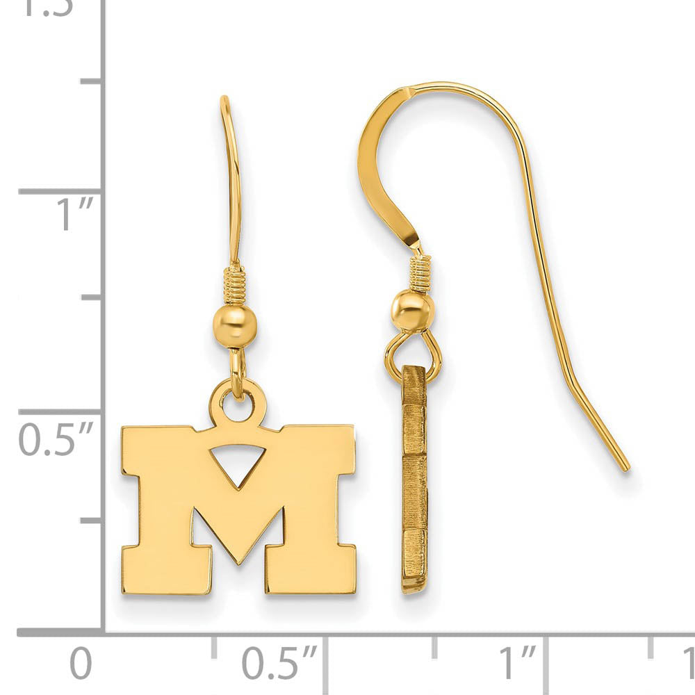 Alternate view of the 14k Gold Plated Silver Michigan (Univ of) XS (Tiny) Dangle Earrings by The Black Bow Jewelry Co.