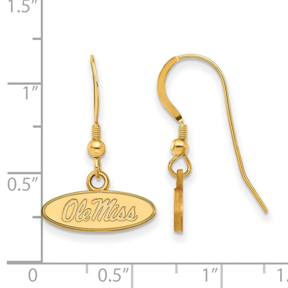 Alternate view of the 14k Gold Plated Silver Univ. of Mississippi XS (Tiny) Dangle Earrings by The Black Bow Jewelry Co.