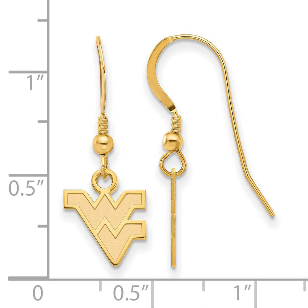 Alternate view of the 14k Gold Plated Silver West Virginia Univ. XS (Tiny) Dangle Earrings by The Black Bow Jewelry Co.
