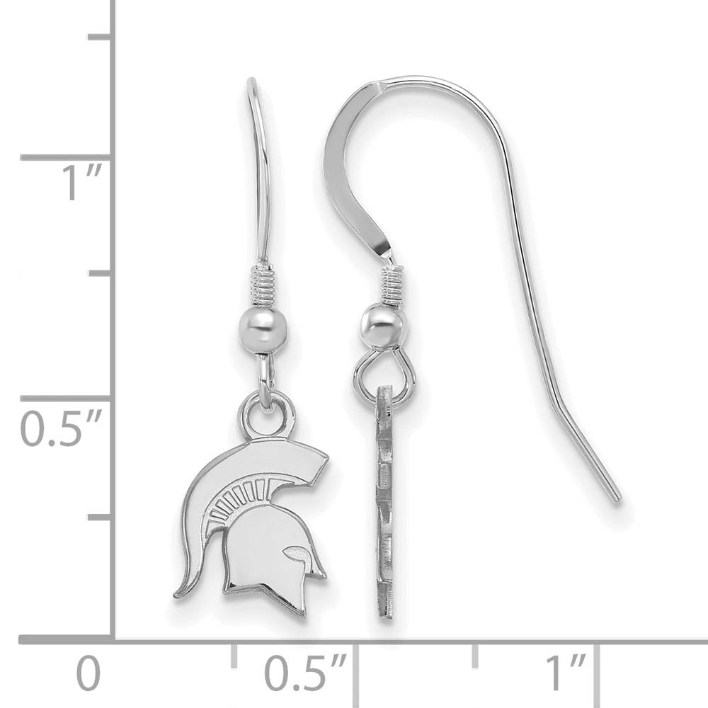 Alternate view of the Sterling Silver Michigan State University XS (Tiny) Dangle Earrings by The Black Bow Jewelry Co.
