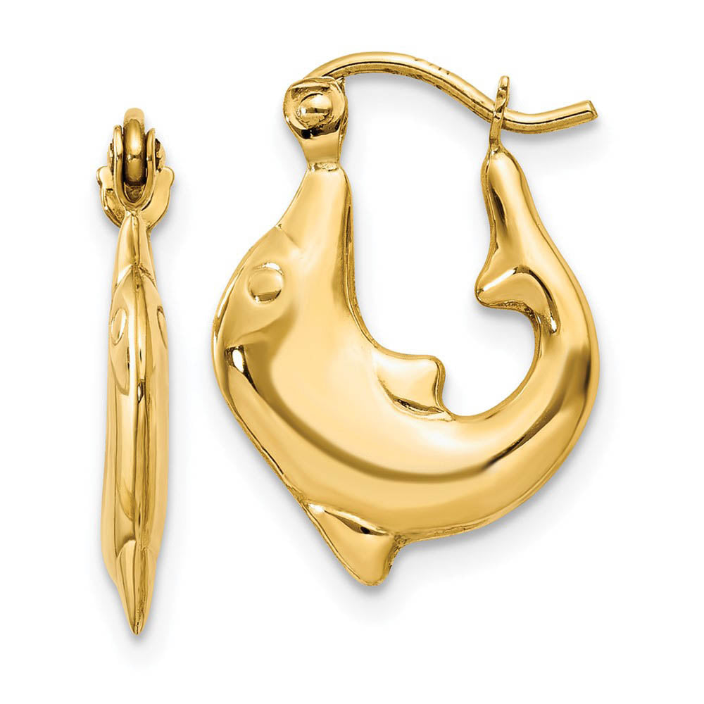 Polished Dolphin Hoop Earrings in 14k Yellow Gold, 15mm, Item E9529 by The Black Bow Jewelry Co.
