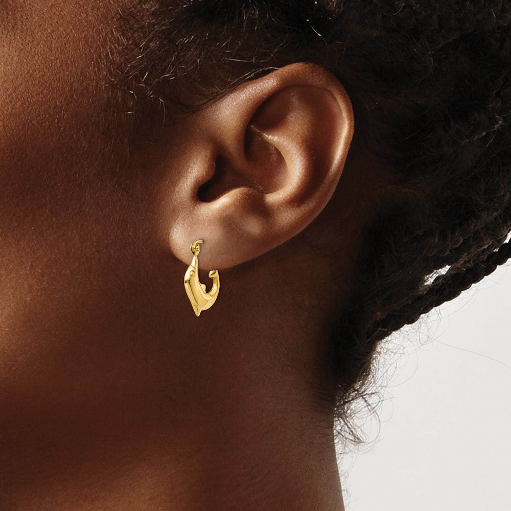 Alternate view of the Polished Dolphin Hoop Earrings in 14k Yellow Gold, 15mm by The Black Bow Jewelry Co.