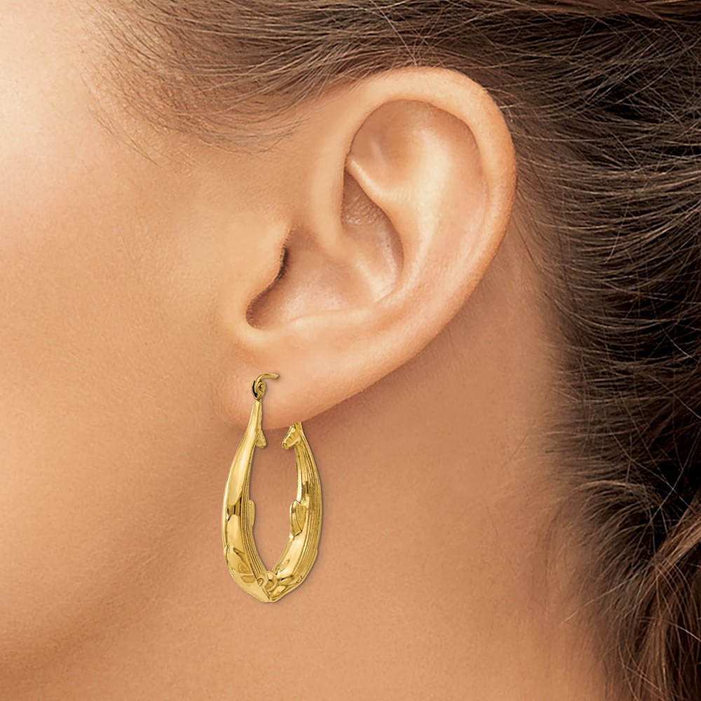 Alternate view of the Kissing Dolphin Hoop Earrings in 14k Yellow Gold by The Black Bow Jewelry Co.
