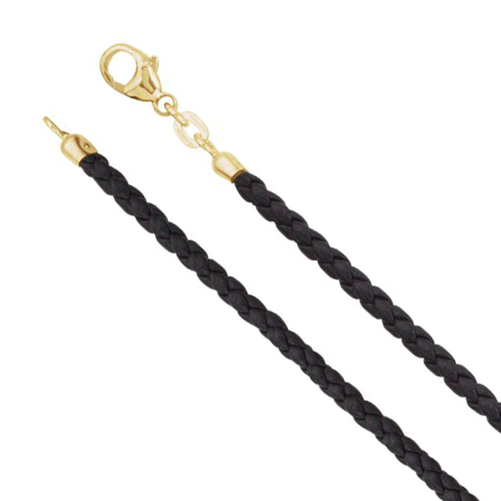 3mm Black Braided Leather Cord Chain with 14k Gold Clasp Necklace