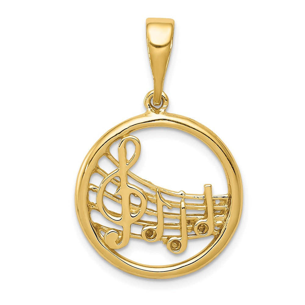 14k Yellow Gold Round Musical Chart Pendant, 20mm (3/4 inch), Item P26752 by The Black Bow Jewelry Co.