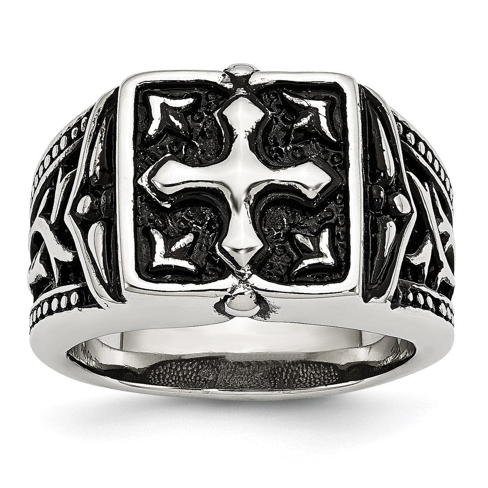 Men's 13mm Stainless Steel Antiqued Cross Tapered Ring, Item R11735 by The Black Bow Jewelry Co.