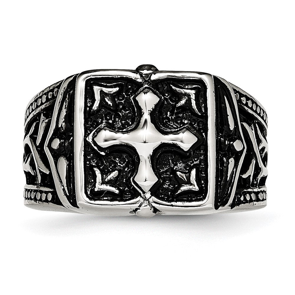 Alternate view of the Men's 13mm Stainless Steel Antiqued Cross Tapered Ring by The Black Bow Jewelry Co.