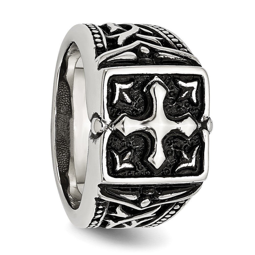 Alternate view of the Men's 13mm Stainless Steel Antiqued Cross Tapered Ring by The Black Bow Jewelry Co.