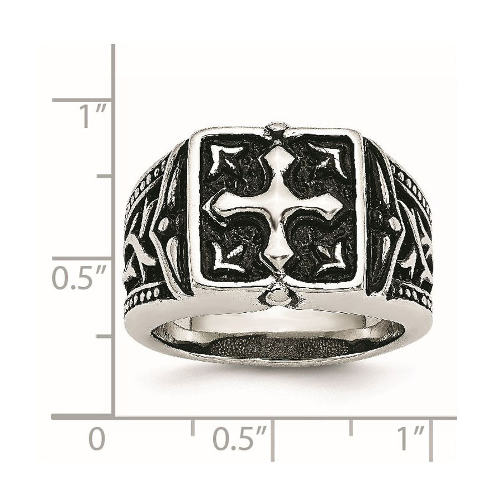 Alternate view of the Men's 13mm Stainless Steel Antiqued Cross Tapered Ring by The Black Bow Jewelry Co.