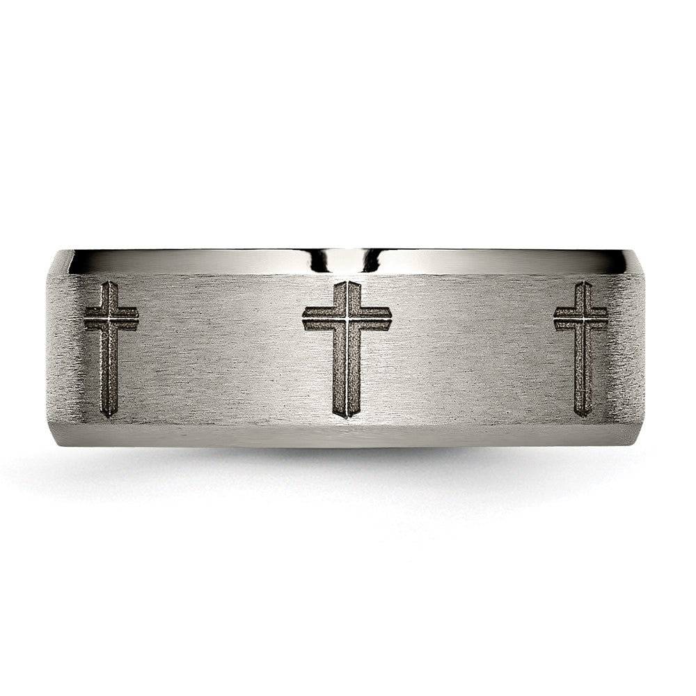 Alternate view of the 8mm Titanium Laser Etched Cross Beveled Edge Standard Fit Band by The Black Bow Jewelry Co.